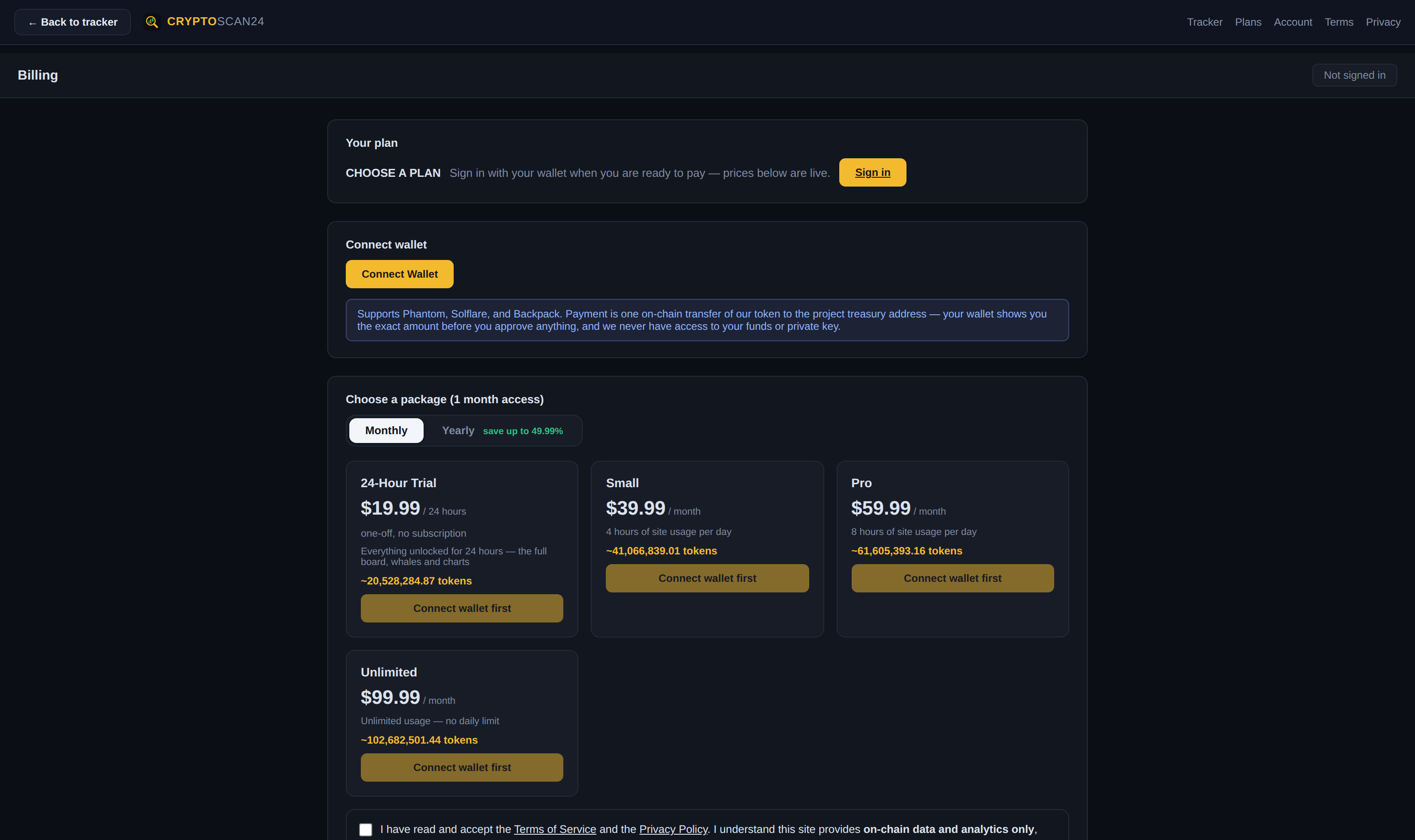 Plans and checkout in Cryptoscan24