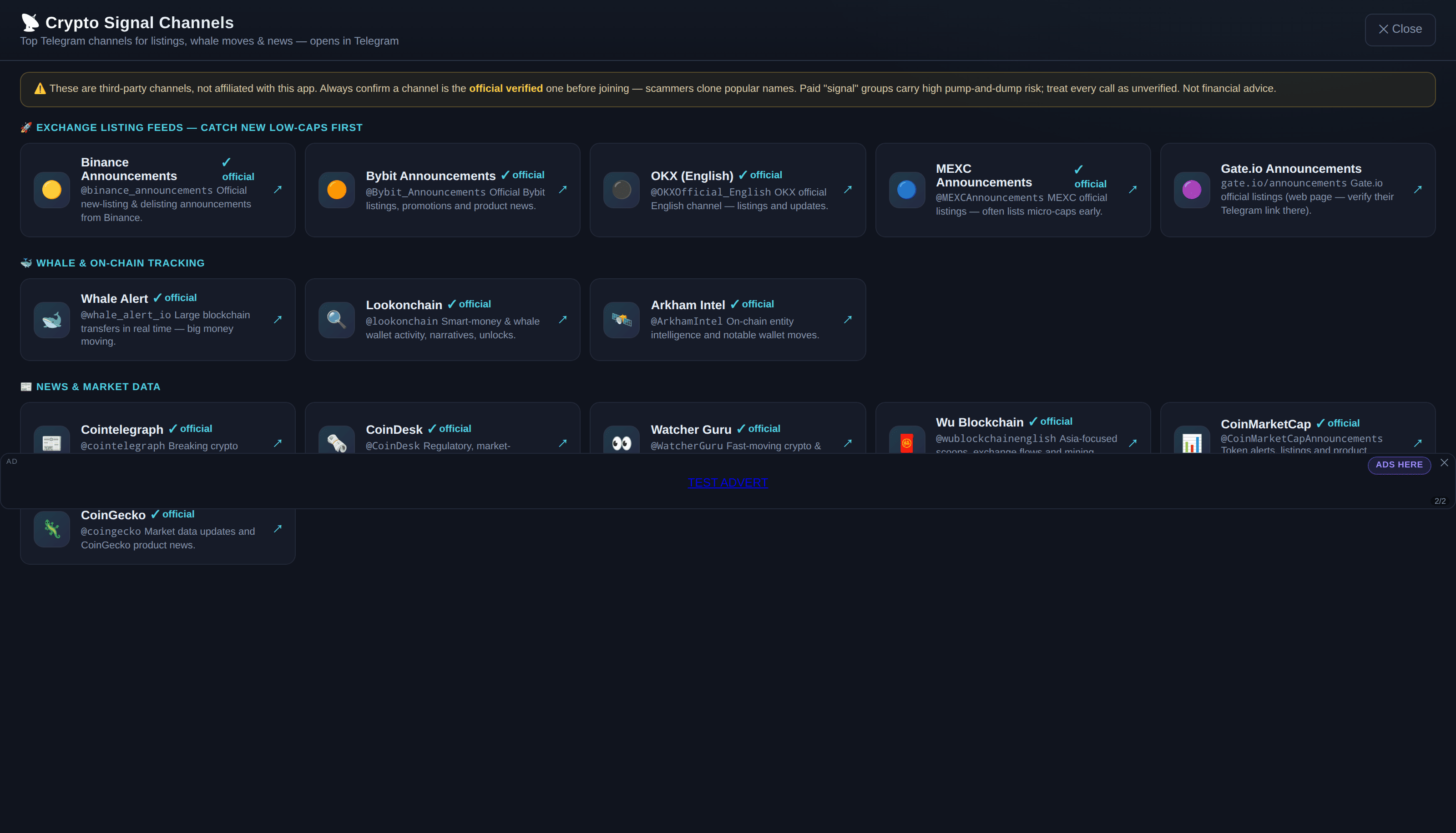Signal feed in Cryptoscan24